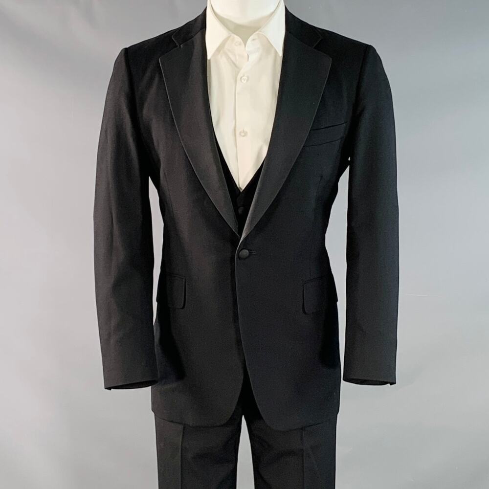 PAUL STUART Size 38 Regular Black Wool Notch Lapel 3 Piece Tuxedo